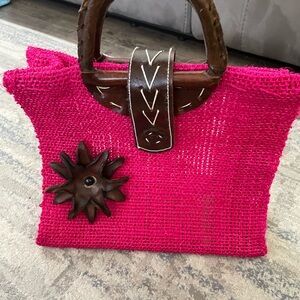 Pink Woven Handbag with Brown Accents